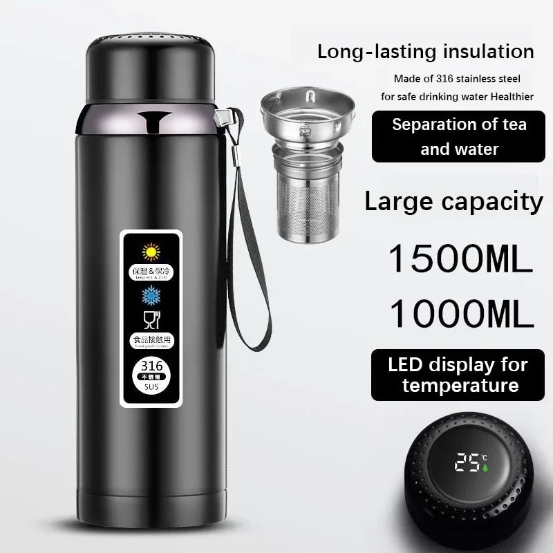 316 Stainless Steel Thermos Bottle Vacuum Flask With Tea Separation Filter LED Temperature Display Leakage-proof Cup 1.0L blue K55998
