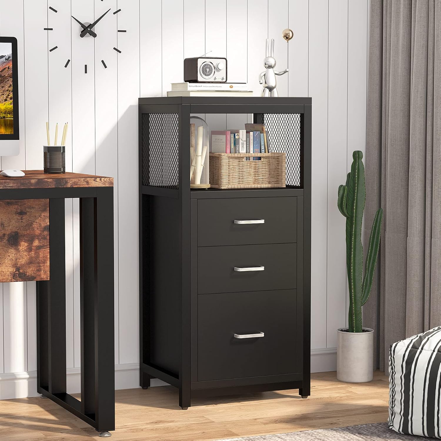 Black 3 Drawer Vertical File Cabinet with Metal Wire Storage Shelves G779015