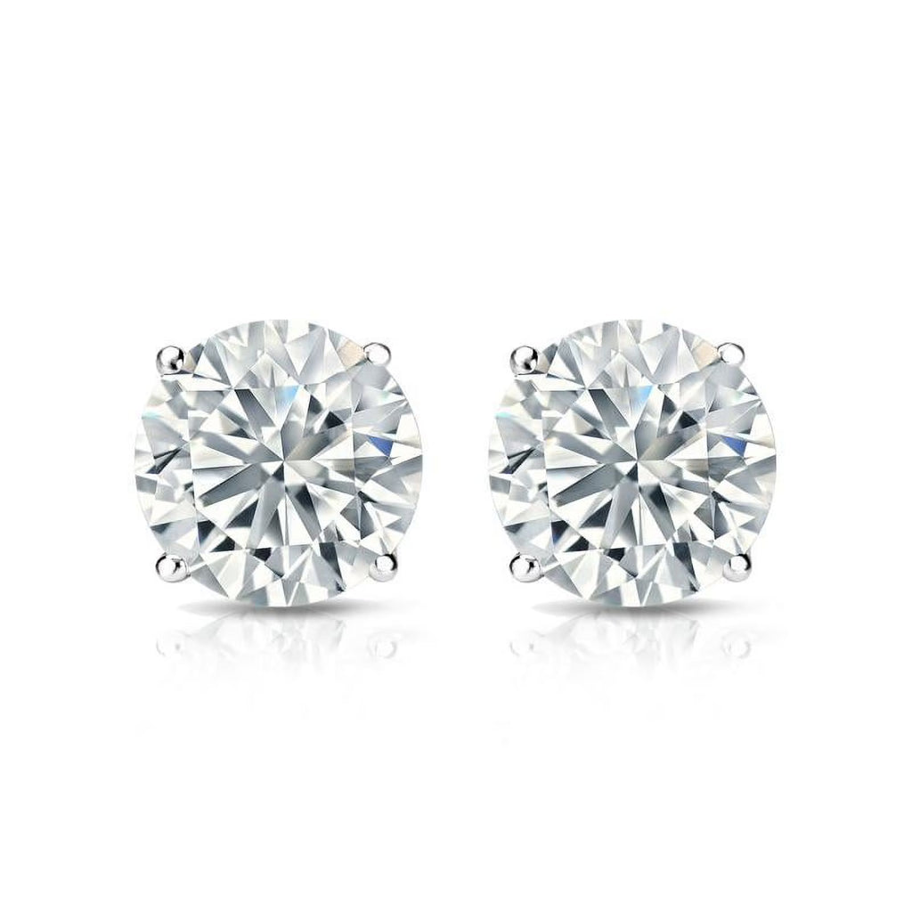 4 Prong 2 Carat Round Moissanite Solitaire Stud Earrings in 18K White Gold Plating Over Silver P535
