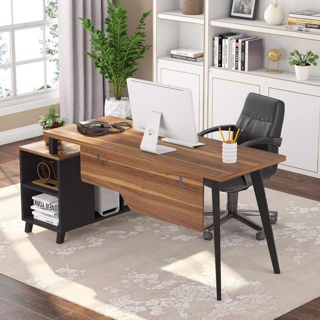 Large L-Shaped Desk with Storage and File Cabinet, Dark Walnut + Stainless Steel Legs E618375