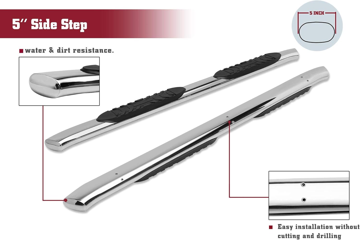 5 Oval Bend Stainless Steel Side Bars Step Rails for 2019-2022 Ford Ranger SuperCrew Cab (2 pcs) B86898