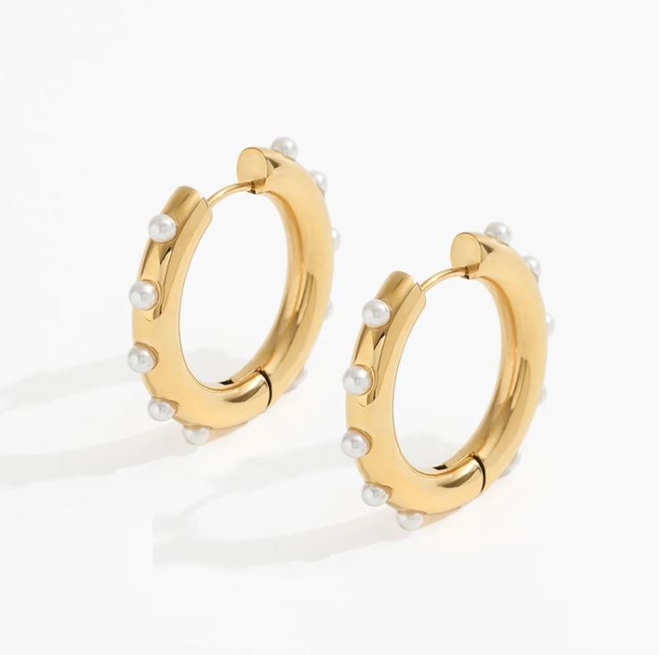 18K Gold Plated Stainless Steel Pearl Hoop Earrings O4779