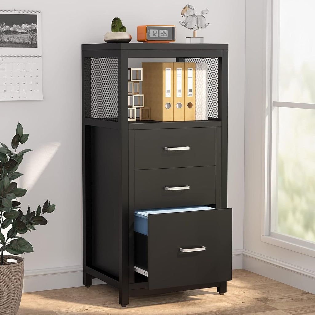 Black 3 Drawer Vertical File Cabinet with Metal Wire Storage Shelves G779015