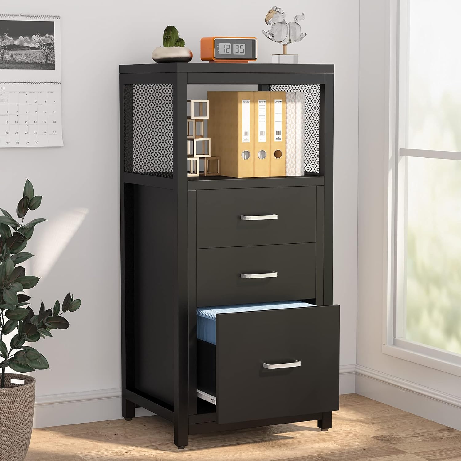 Black 3 Drawer Vertical File Cabinet with Metal Wire Storage Shelves G779015