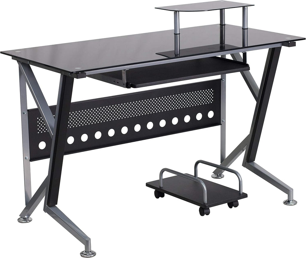 Black Glass Computer Desk with Keyboard Tray and CPU Cart R603532