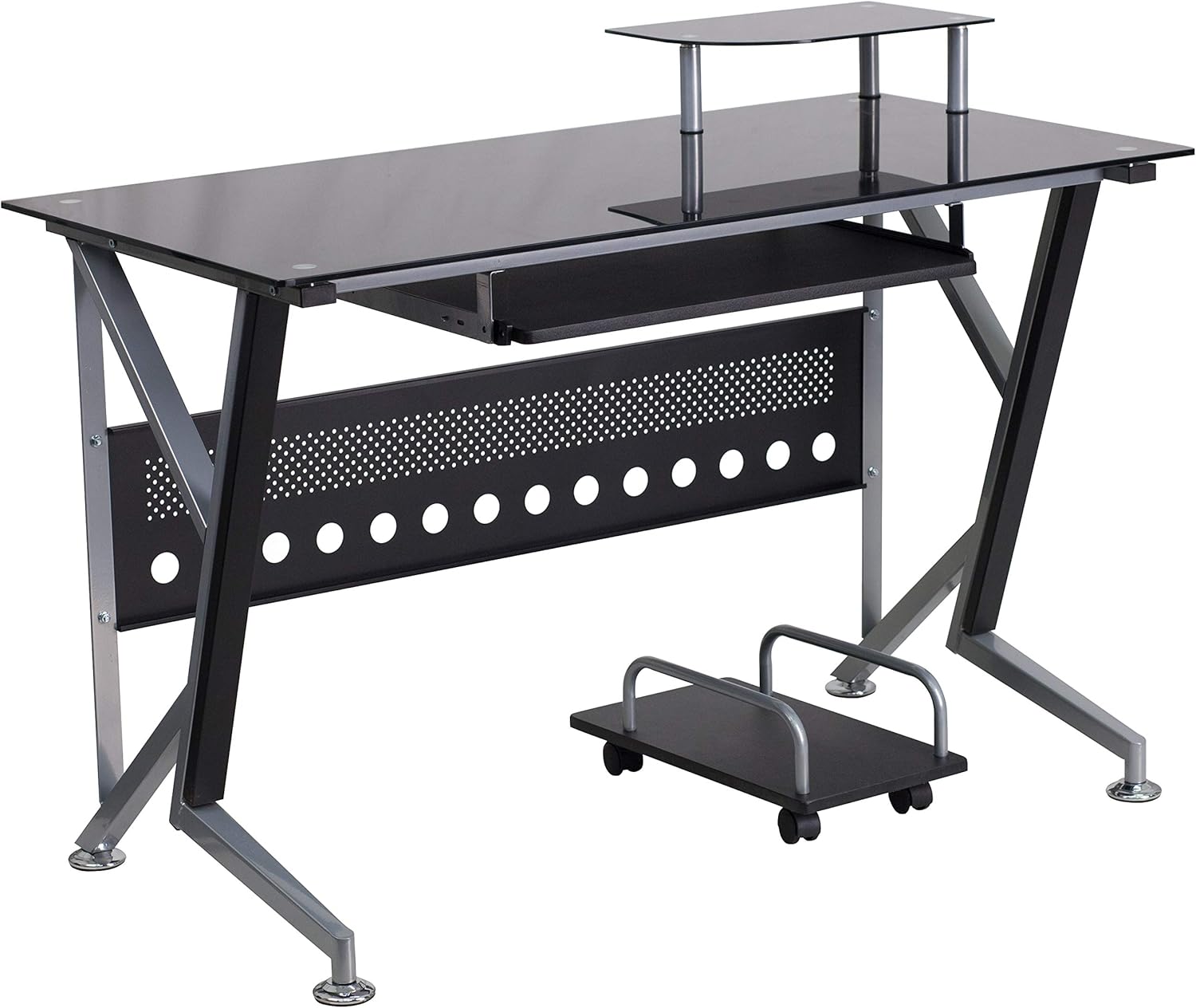 Black Glass Computer Desk with Keyboard Tray and CPU Cart R603532