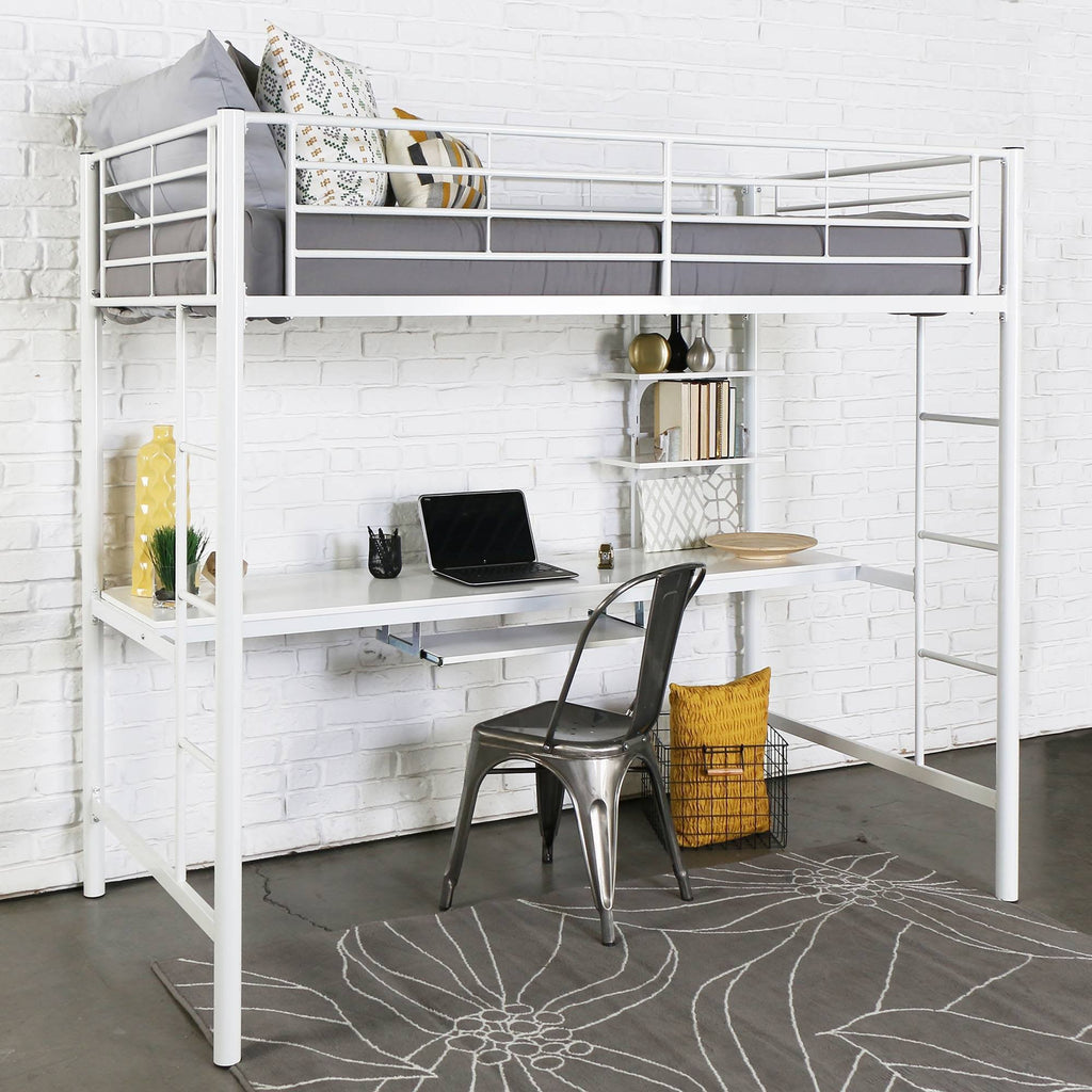 White Metal Loft Bed with Wood Desk U3303