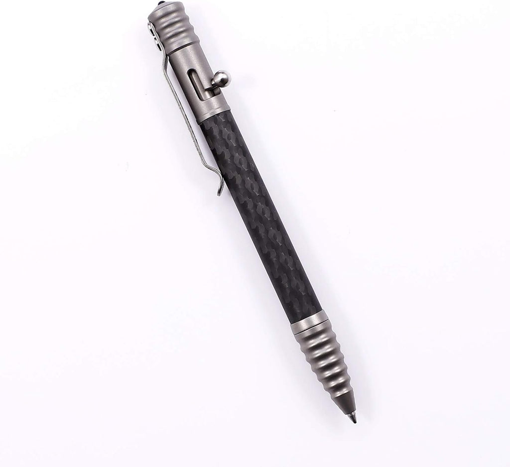 Titanium Tactical Pen with Glass Breaker Tool, Bolt Action Pen in Carbon Fiber barrel M401