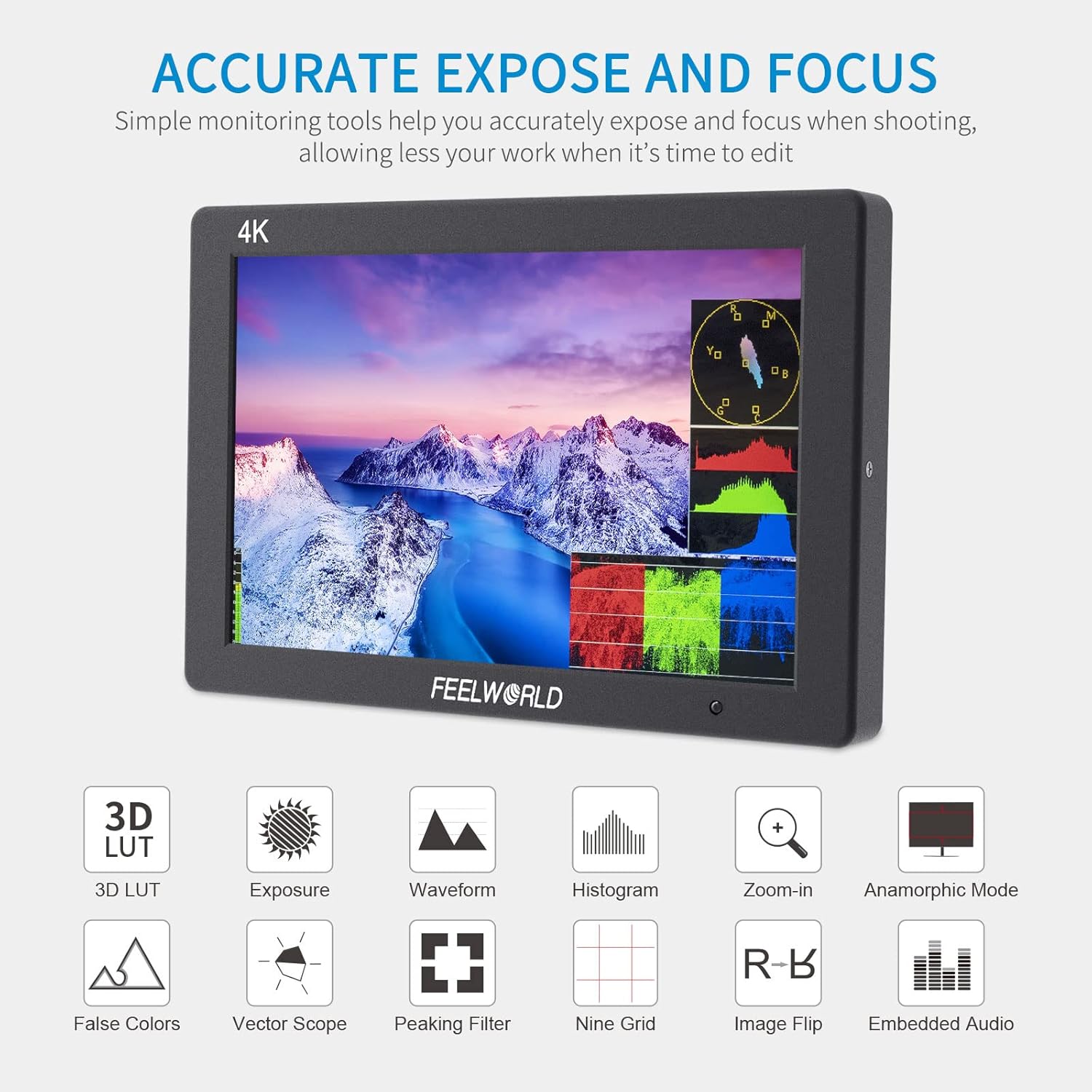 7 Inch 4K HDMI Field Monitor with Waveform Histogram Peaking Focus False Colors P7768