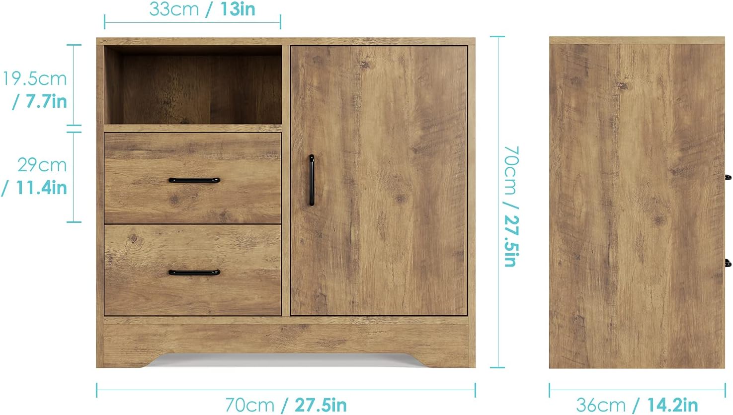 Rustic Brown 2 Drawer Wooden Storage Cabinet with Door and Adjustable Shelves N847