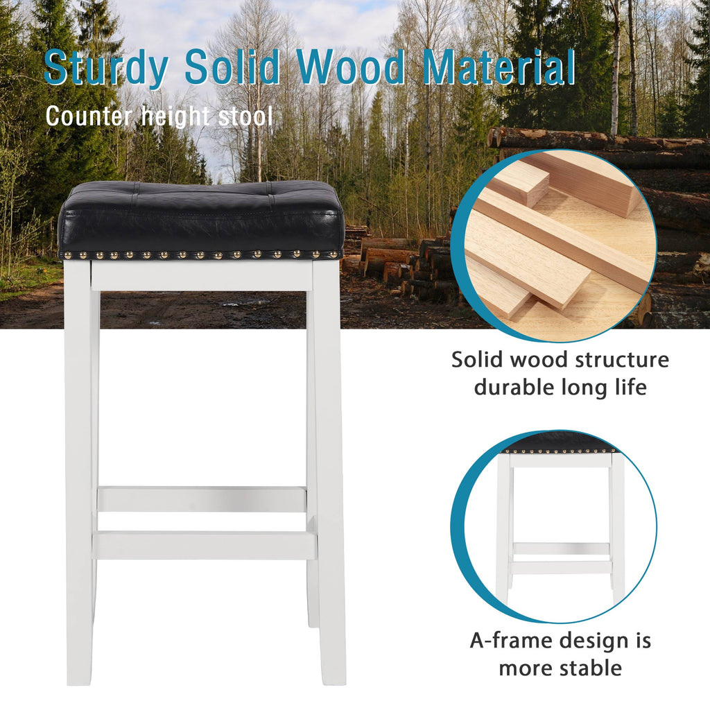 White 29 Inch PU Leather Bar Stools Set of 2 Solid Wooden Saddle Stool D75277