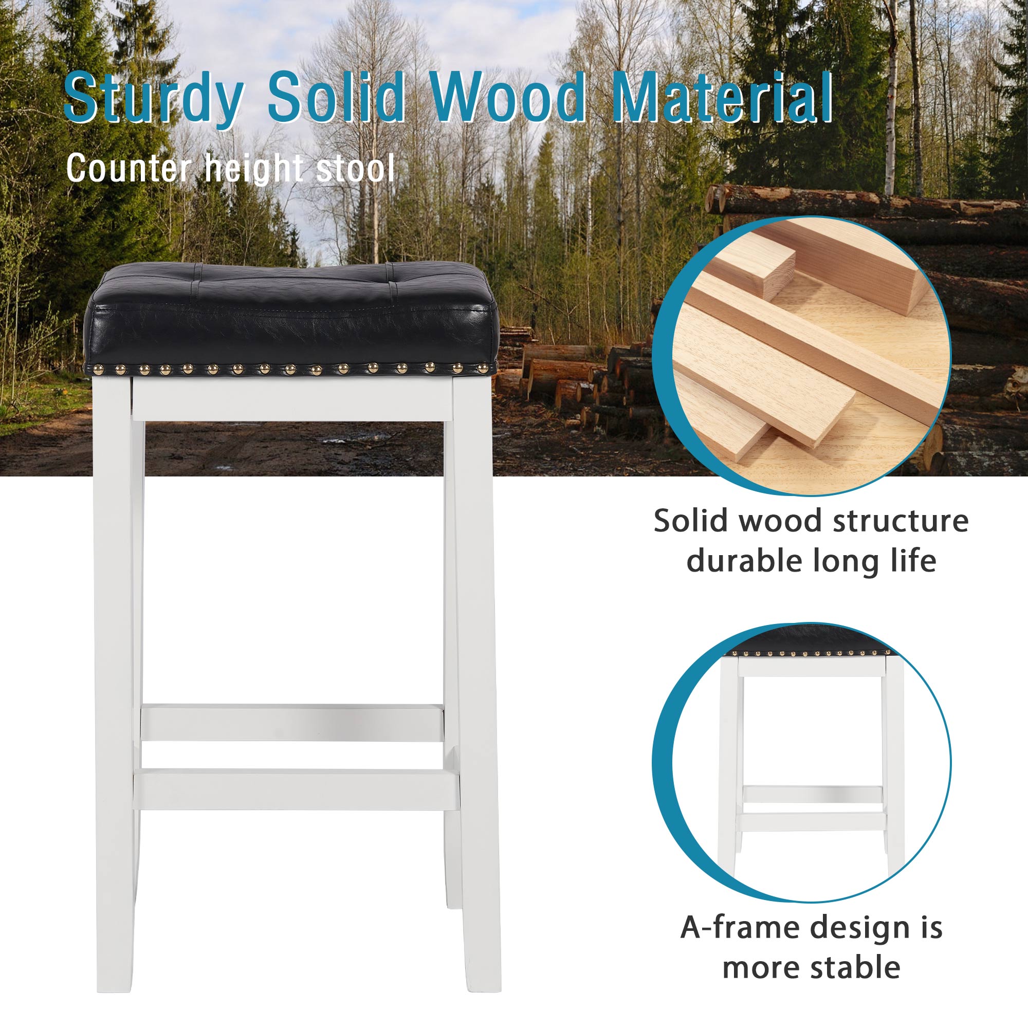 White 29 Inch PU Leather Bar Stools Set of 2 Solid Wooden Saddle Stool D75277
