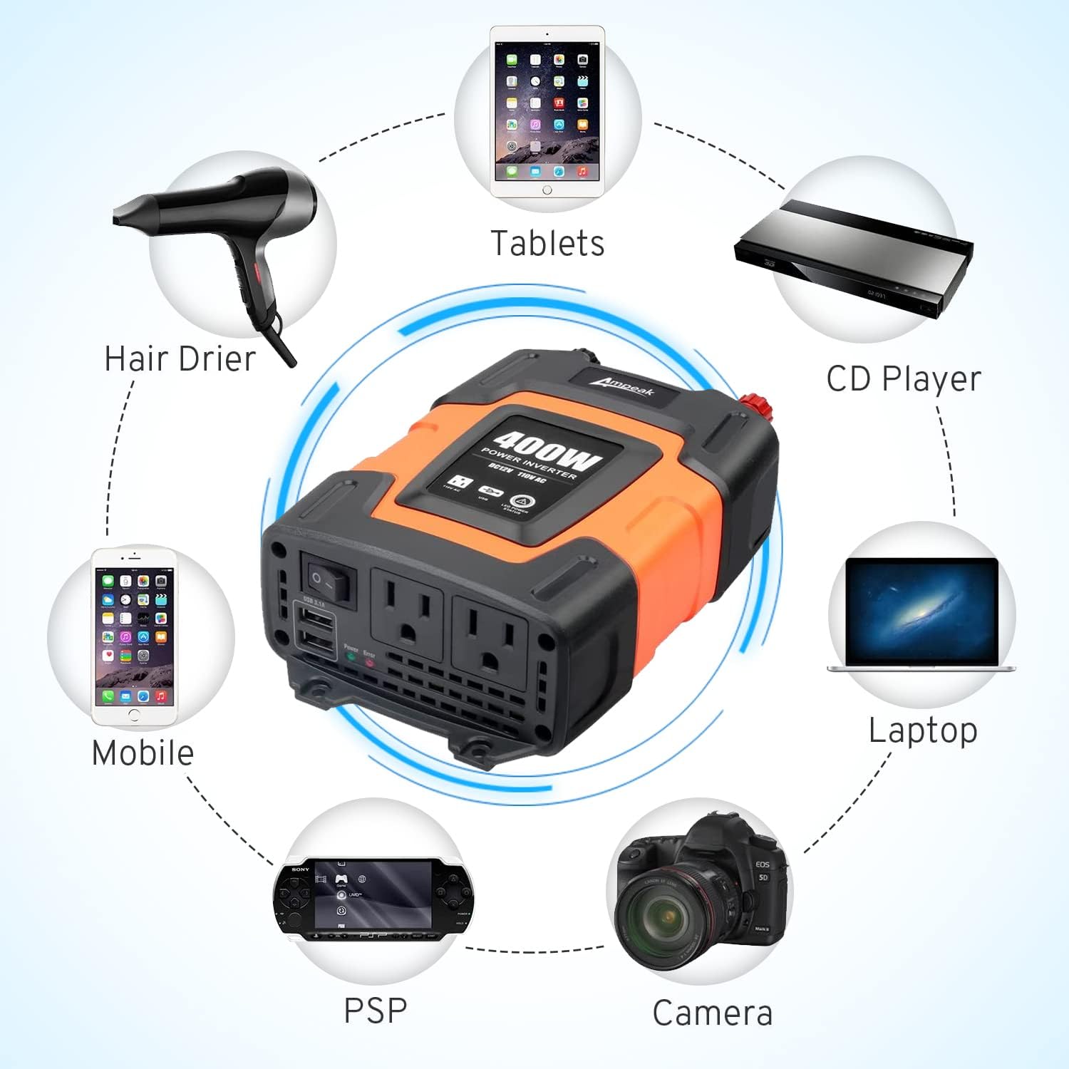 400W Power Inverter 12v to 110v DC to AC 2 USB Charge Ports 2 Outlets Q5496