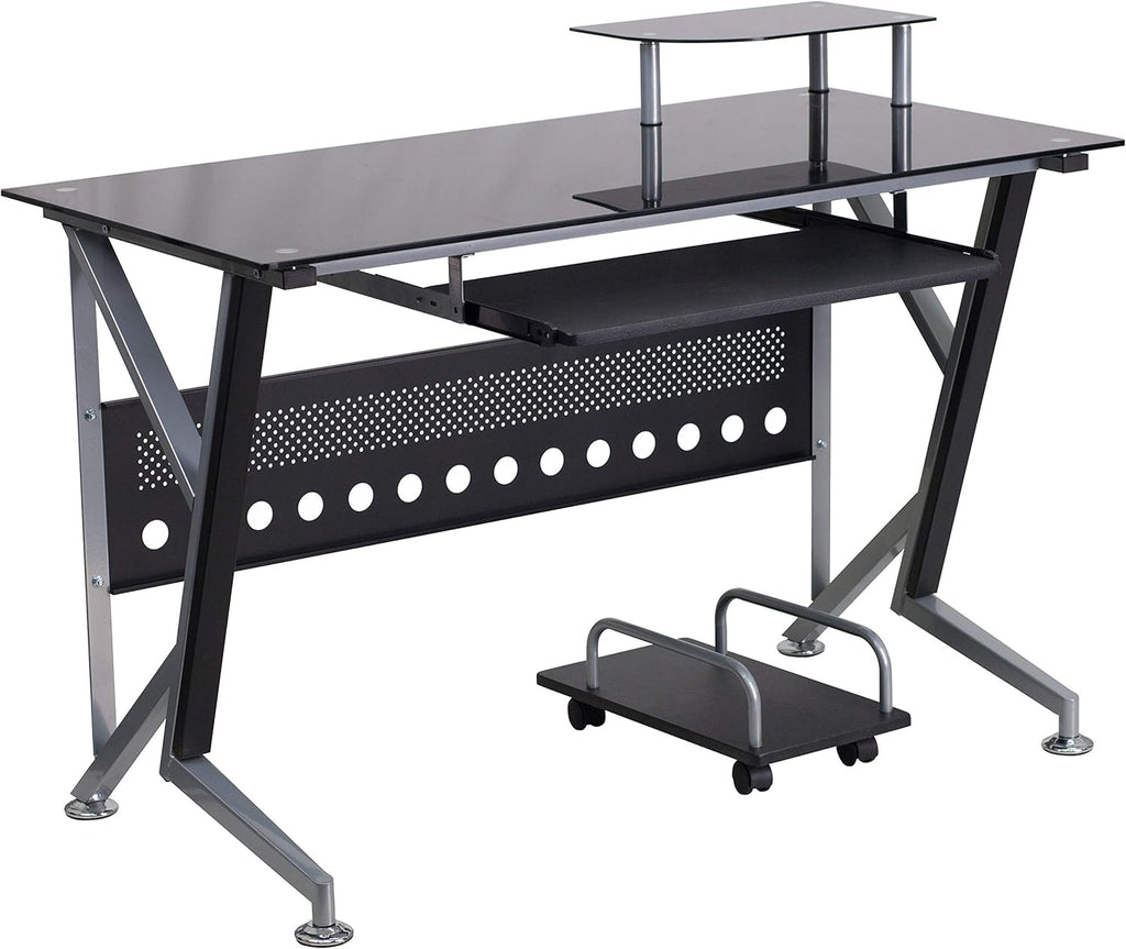 Black Glass Computer Desk with Keyboard Tray and CPU Cart R603532
