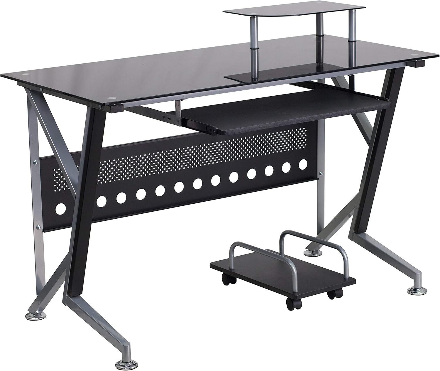 Black Glass Computer Desk with Keyboard Tray and CPU Cart R603532