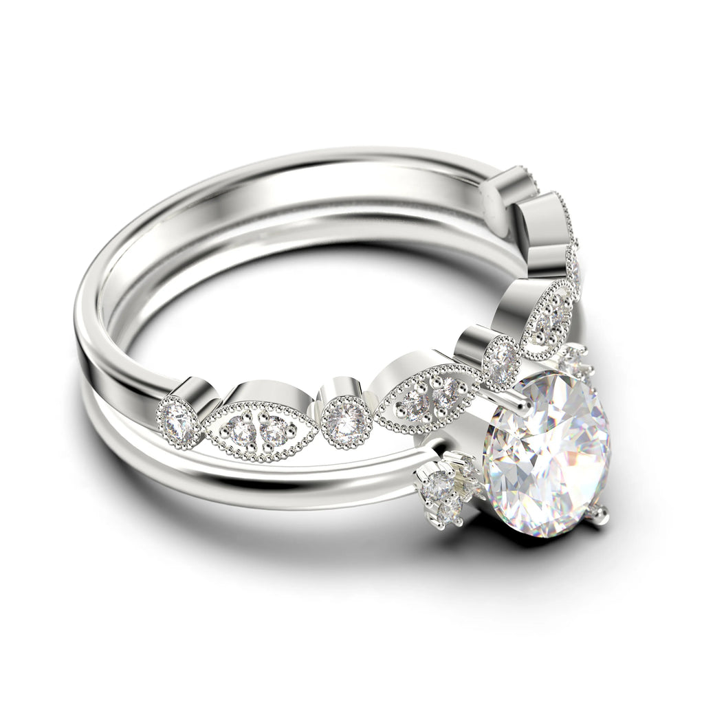10K Solid White Gold Oval Cut Diamond Moissanite Engagement Ring with Matching Band D904302