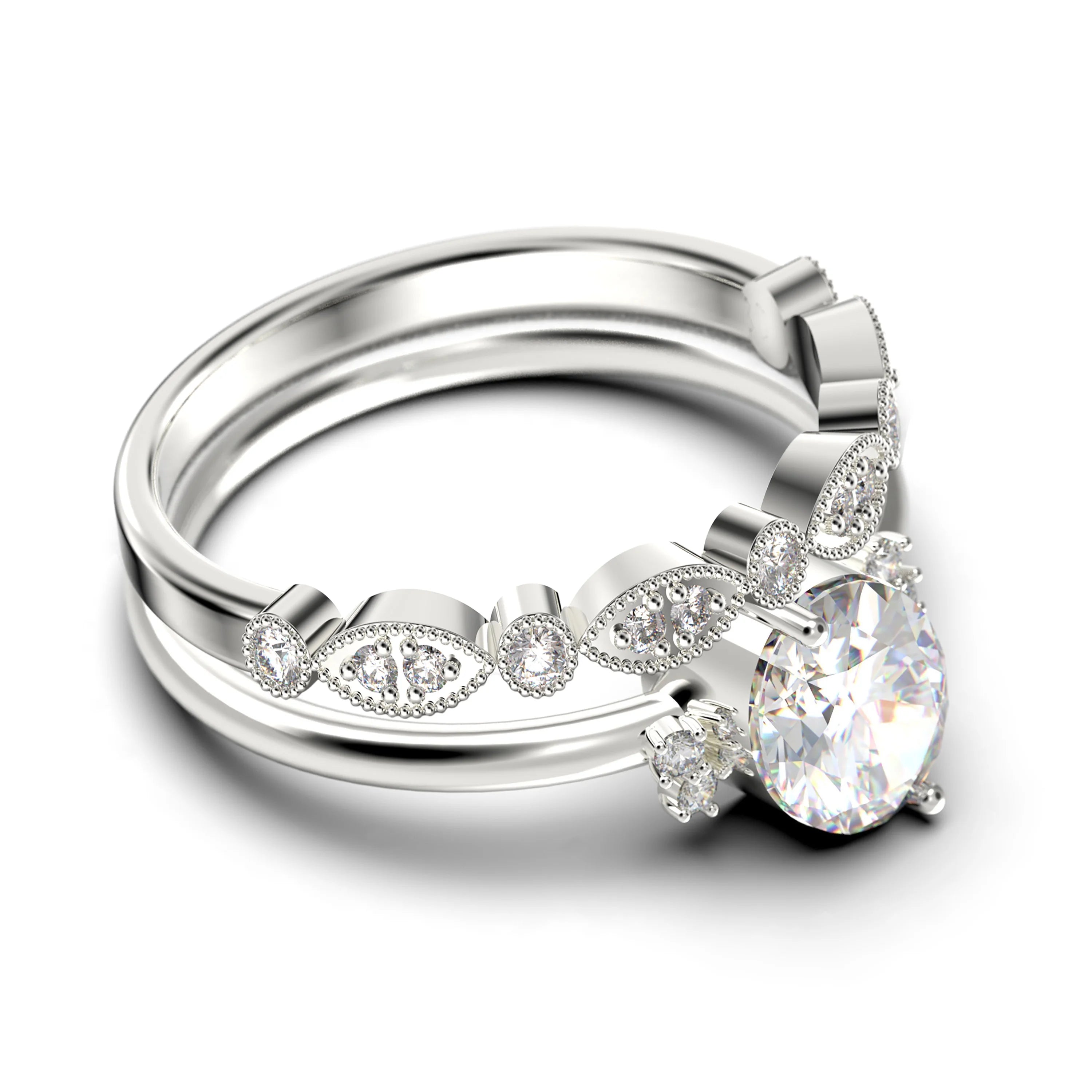 10K Solid White Gold Oval Cut Diamond Moissanite Engagement Ring with Matching Band D904302