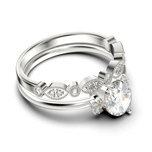 10K Solid White Gold Oval Cut Diamond Moissanite Engagement Ring with Matching Band D904302
