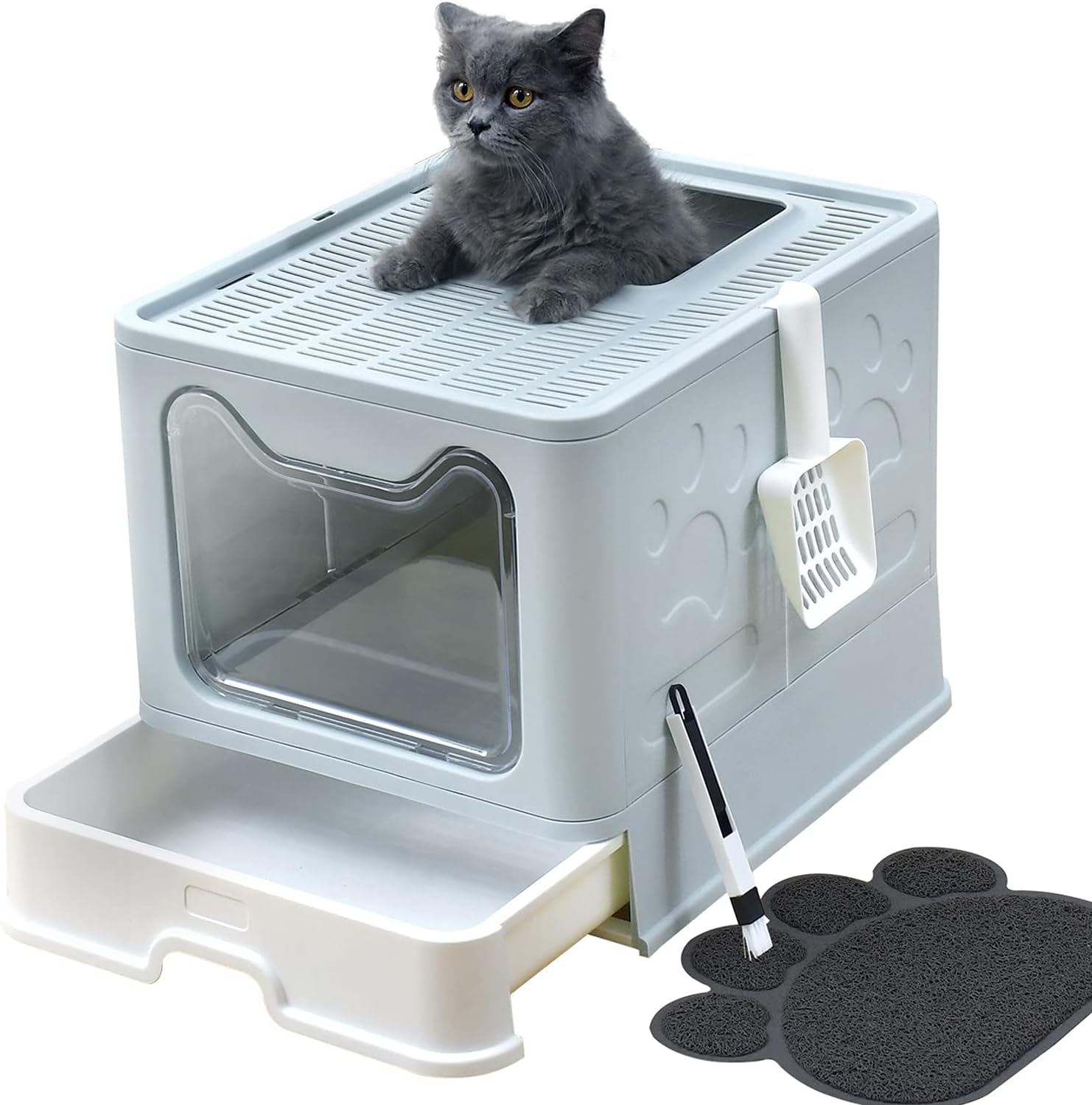 Extra Large Covered Cat Litter Box with Lid, Litter Mat and Scoop, Pack of 2 N479