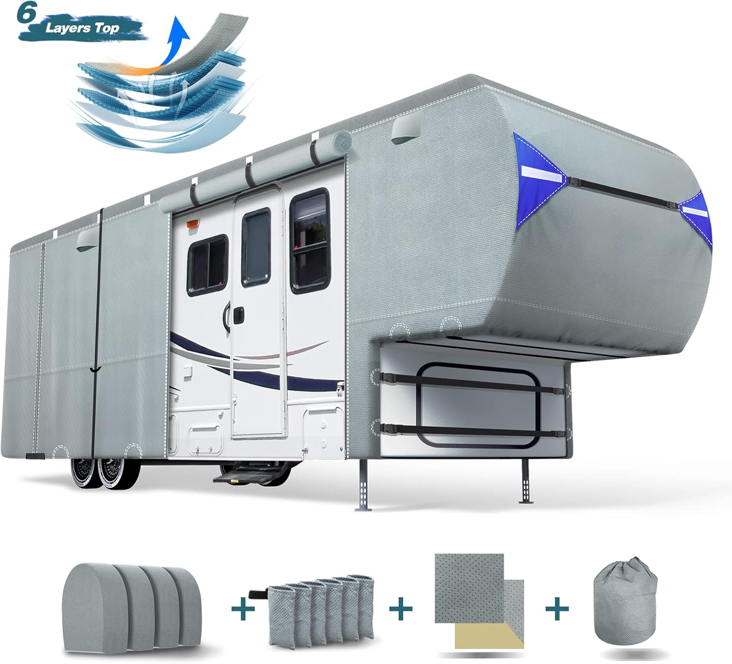 5th Wheel RV Cover with 4 Tire Covers & 2Pcs Extra Winproof Straps E94063