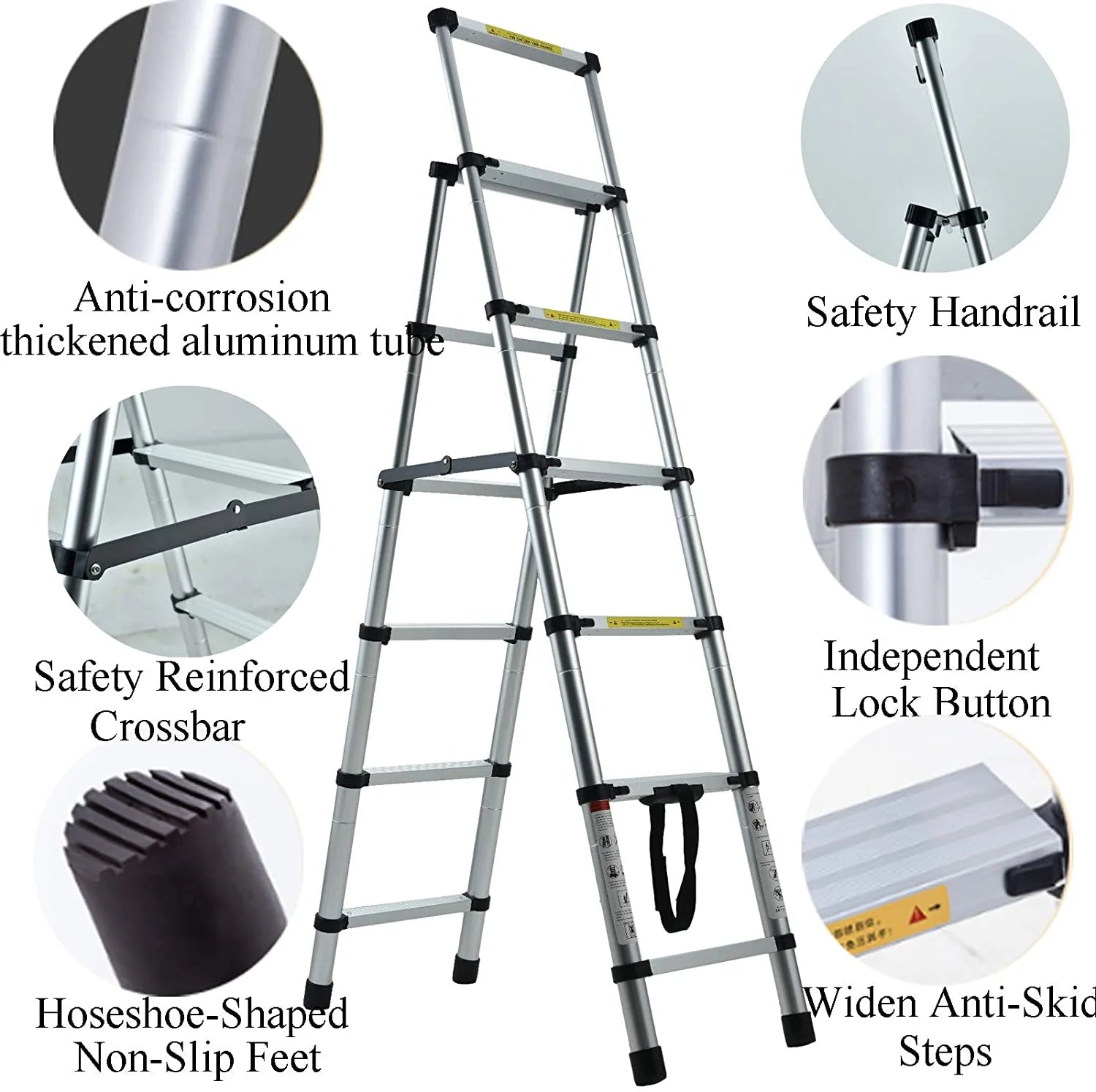 Telescopic Step Ladder Aluminium Heavy Duty 150KG Capacity Folding Anti-Slip Stepladder D949