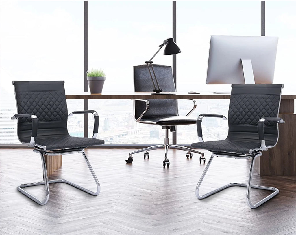 Black Faux Leather Office Guest Chair Set of 2 with Metal Sled Base I798750