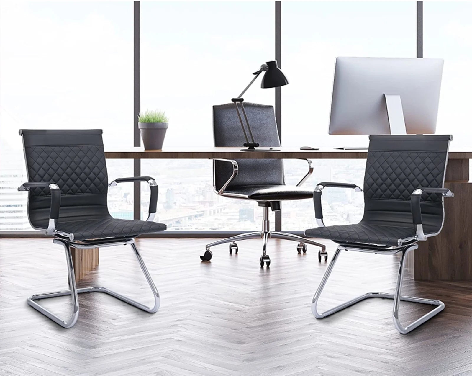 Black Faux Leather Office Guest Chair Set of 2 with Metal Sled Base I798750
