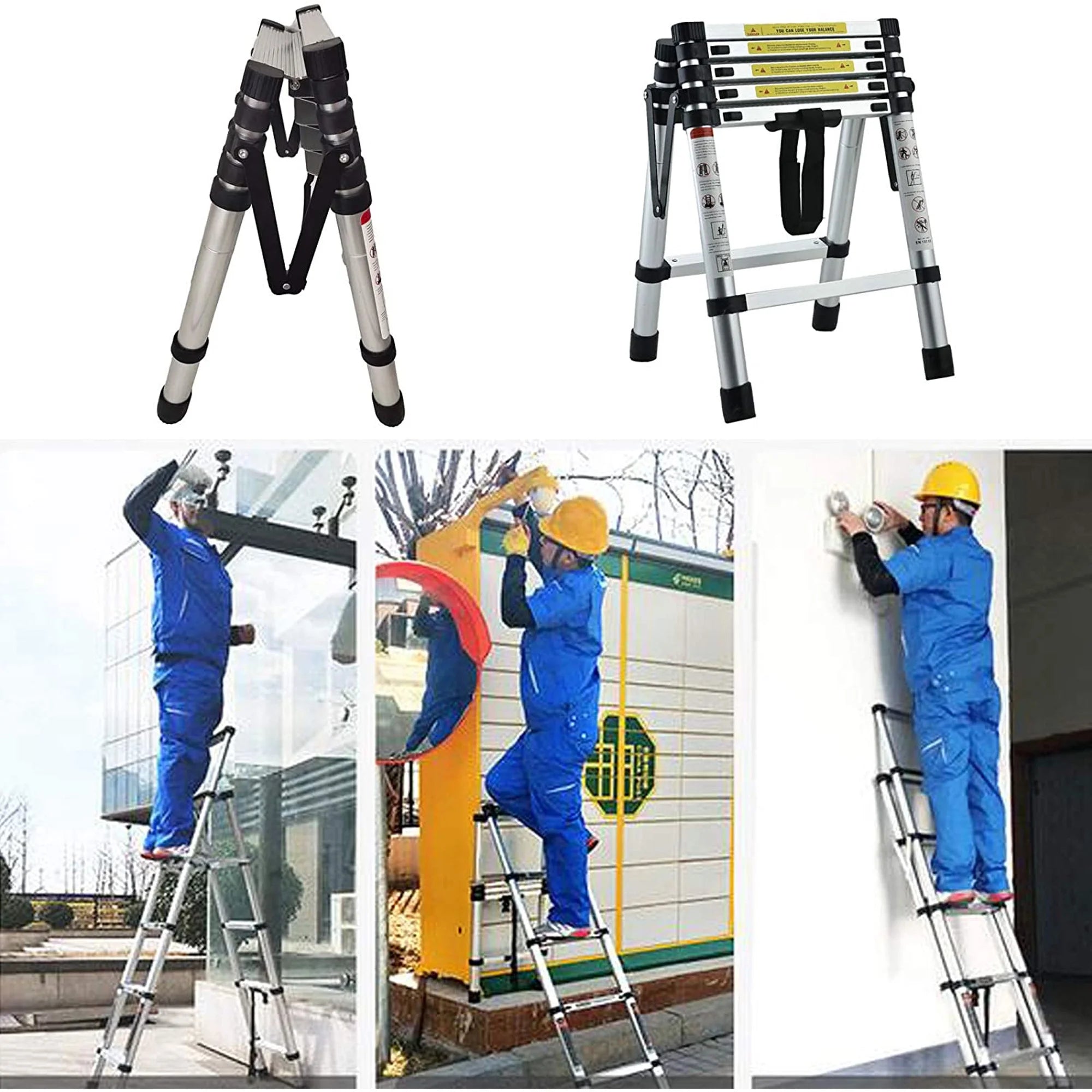 Telescopic Step Ladder Aluminium Heavy Duty 150KG Capacity Folding Anti-Slip Stepladder D949