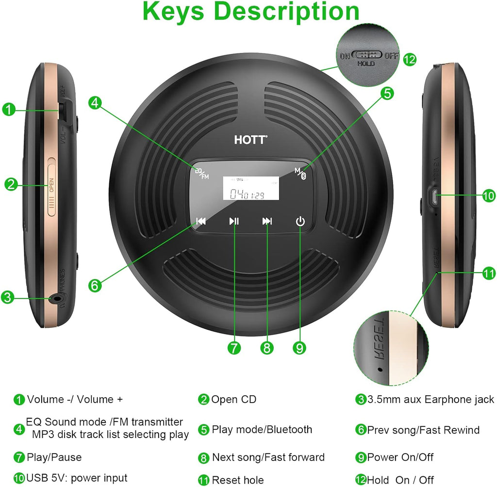 Portable CD Player with Bluetooth FM Transmitter AUX Output Rechargeable 1800mah Touch Button Anti-Skip Shockproof Protection Pack of 2 T506607