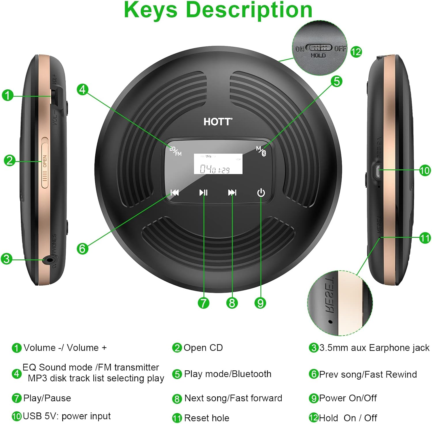 Portable CD Player with Bluetooth FM Transmitter AUX Output Rechargeable 1800mah Touch Button Anti-Skip Shockproof Protection Pack of 2 T506607