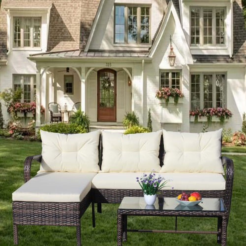 3 Piece Wicker Rattan Sectional Sofa with Beige Seat Cushions F58573