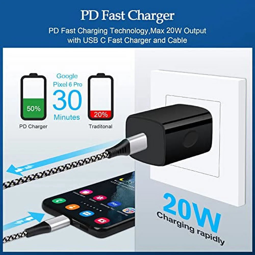 20W PD USB Phone Charger Block with 2 Pack 6FT C-to-C Cable X43779