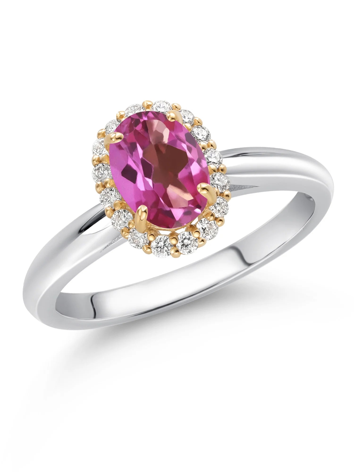 925 Sterling Silver 10k Yellow Gold Pink Mystic Topaz White Lab Grown Diamond Halo Engagement Ring W990530