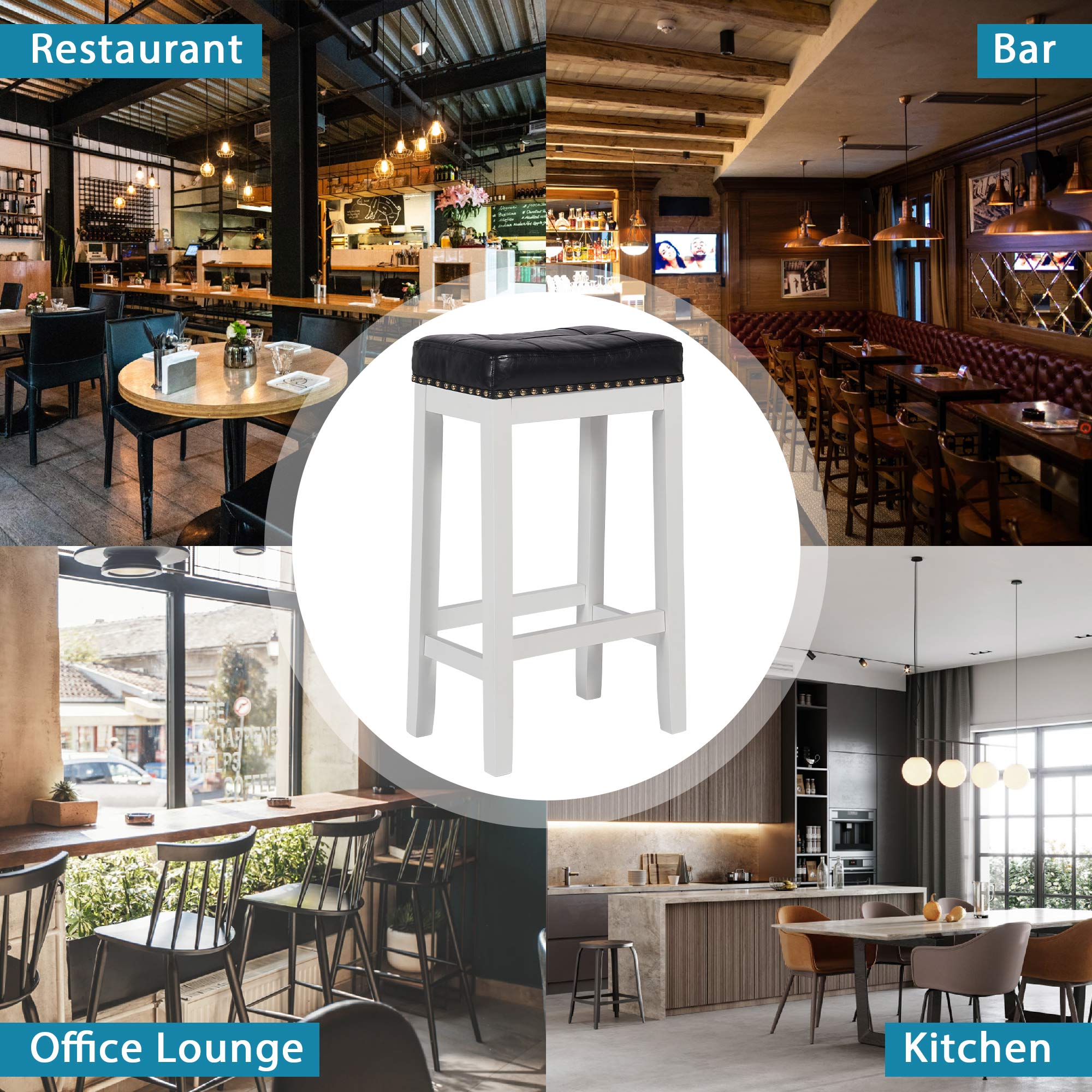 White 29 Inch PU Leather Bar Stools Set of 2 Solid Wooden Saddle Stool D75277