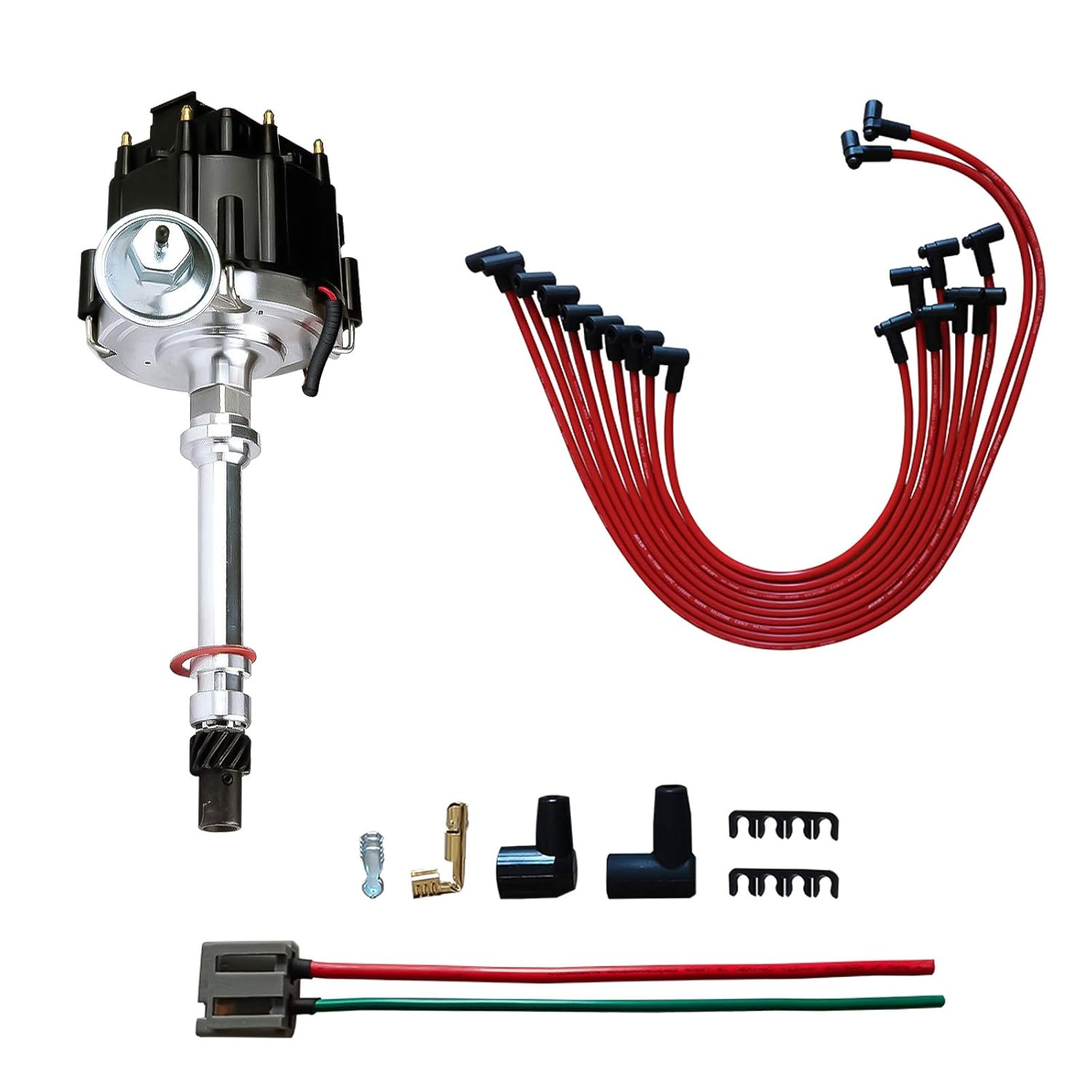 HEI Distributor & Spark Plug Wires & Pigtail Wire Harness Combo Kit Compatible with Chevy/GM SBC 350 BBC 454 65k Coil 7500RPM Pack of 2 J1924