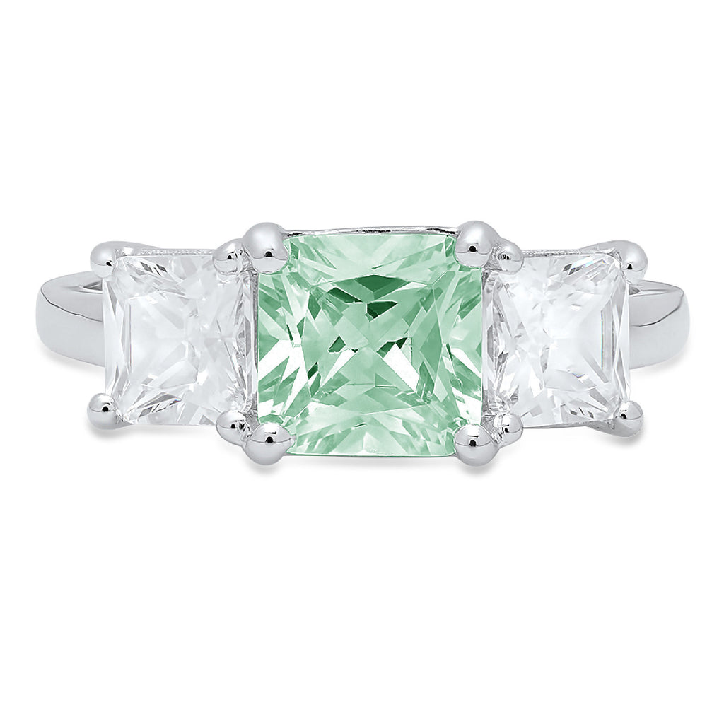 Square Emerald Cut Blue Moissanite 18k White Gold 3 Stone Ring Size 3.5 I7490