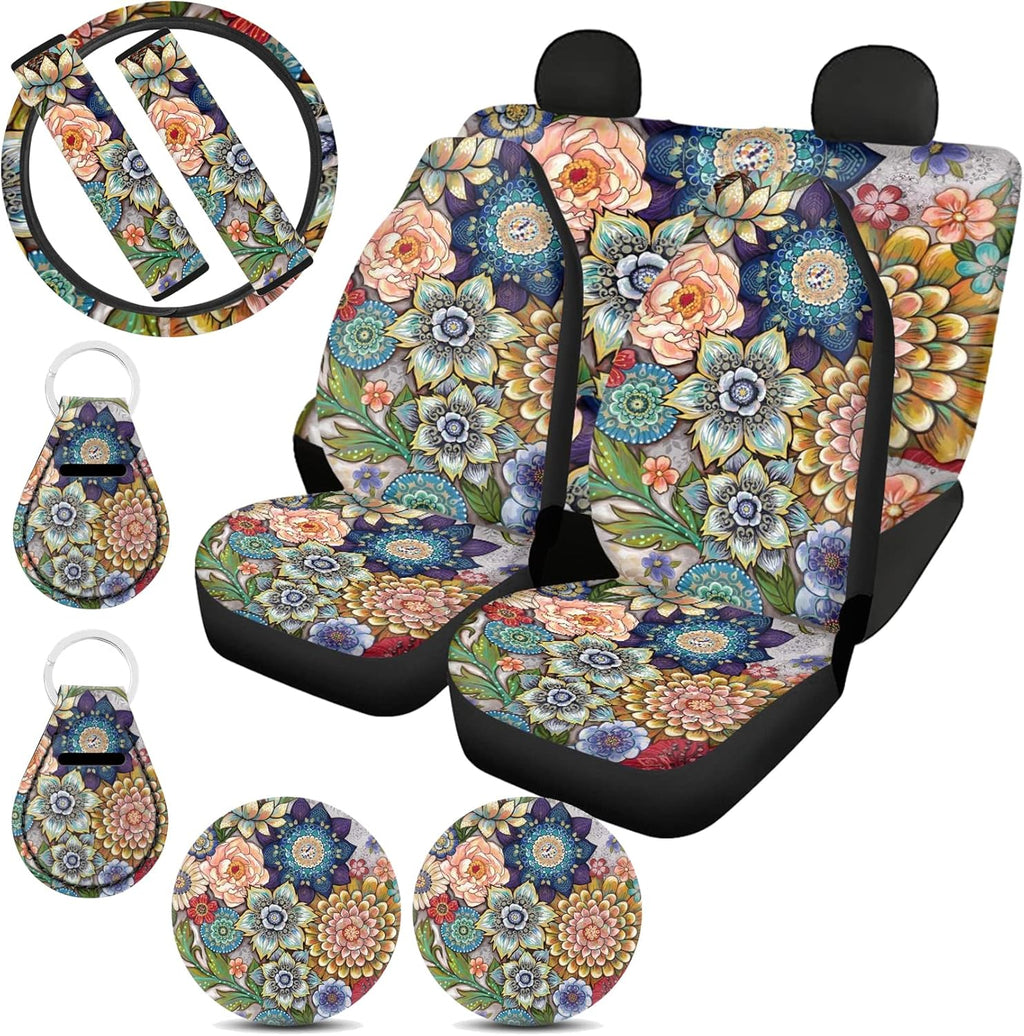 11 Pack Southwestern Car Seat Covers Full Set with Steering Wheel Cover, Seatbelt Covers, Cup Coasters Holder, Keychain Accessories F82219