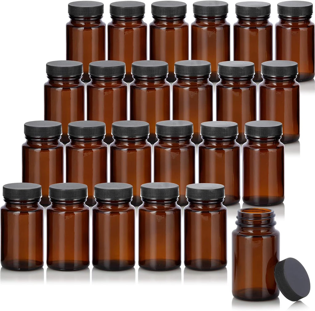 24 Pack Amber Glass Bottle with Black Ribbed Lid O76506