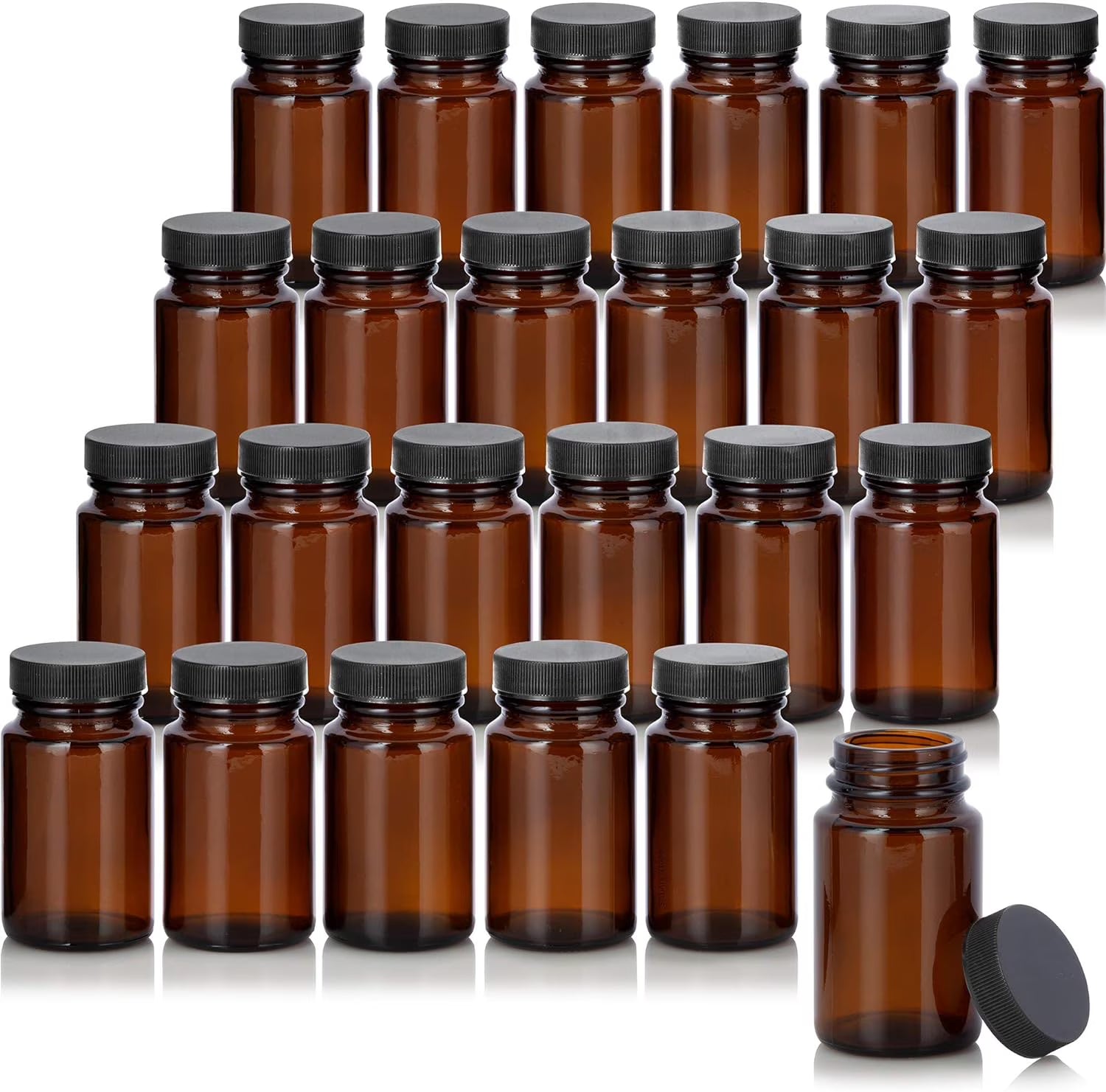 24 Pack Amber Glass Bottle with Black Ribbed Lid O76506