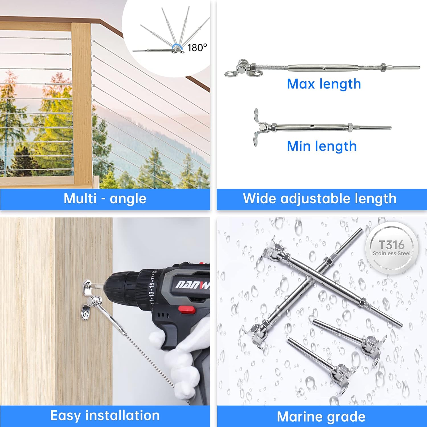 10Set 1/8 Cable Railing Kit T316 Stainless Steel Hardware Angle 180° Adjustable G67960