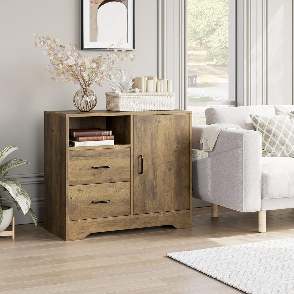 Rustic Brown 2 Drawer Wooden Storage Cabinet with Door and Adjustable Shelves N847