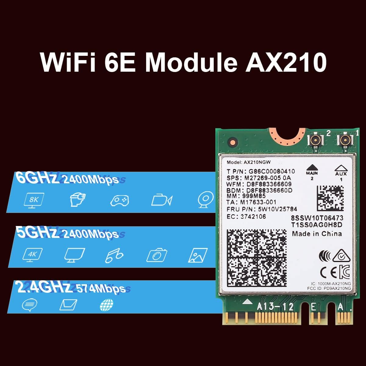 WiFi 6E Desktop Kit, AX210, 2230, 2x2 AX+BT 5.2, Tri-Band, 5dBi Antennas and Brackets Pack of 2 V771268