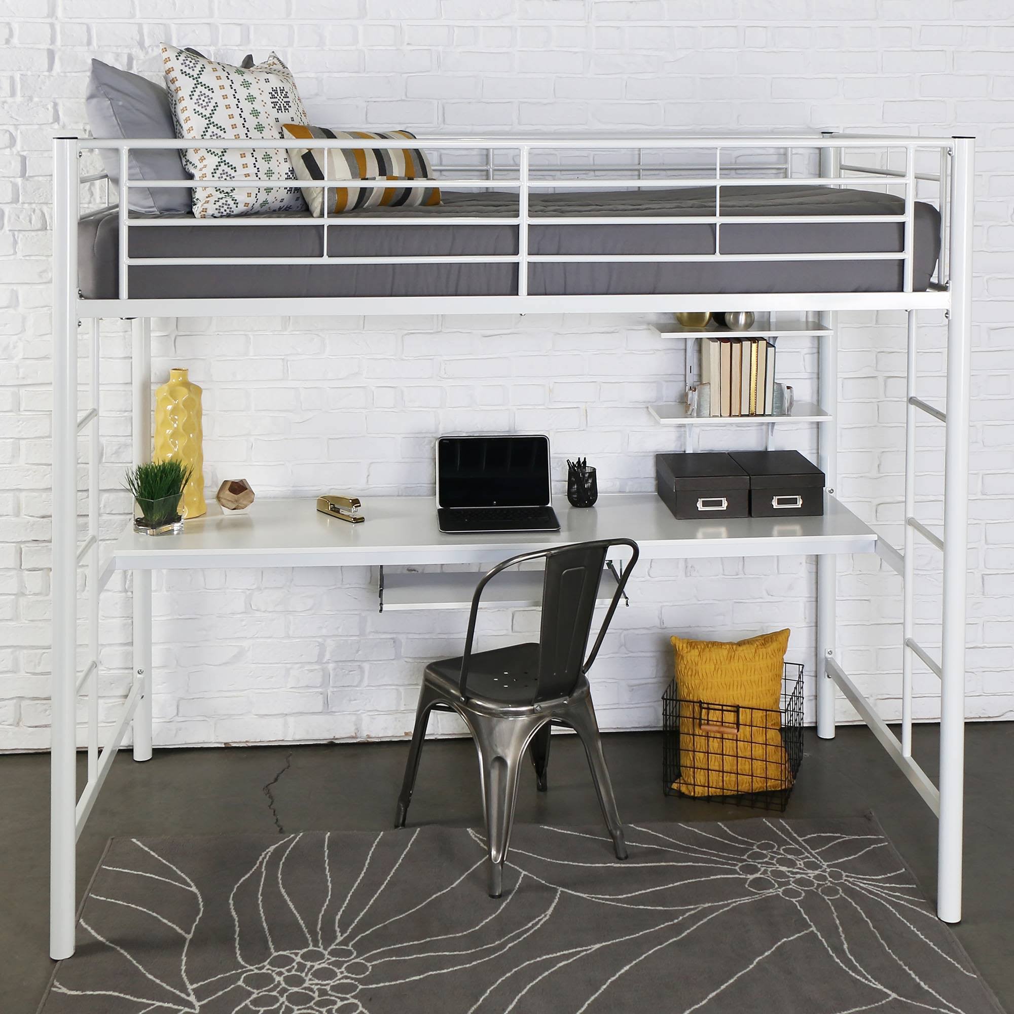 White Metal Loft Bed with Wood Desk U3303