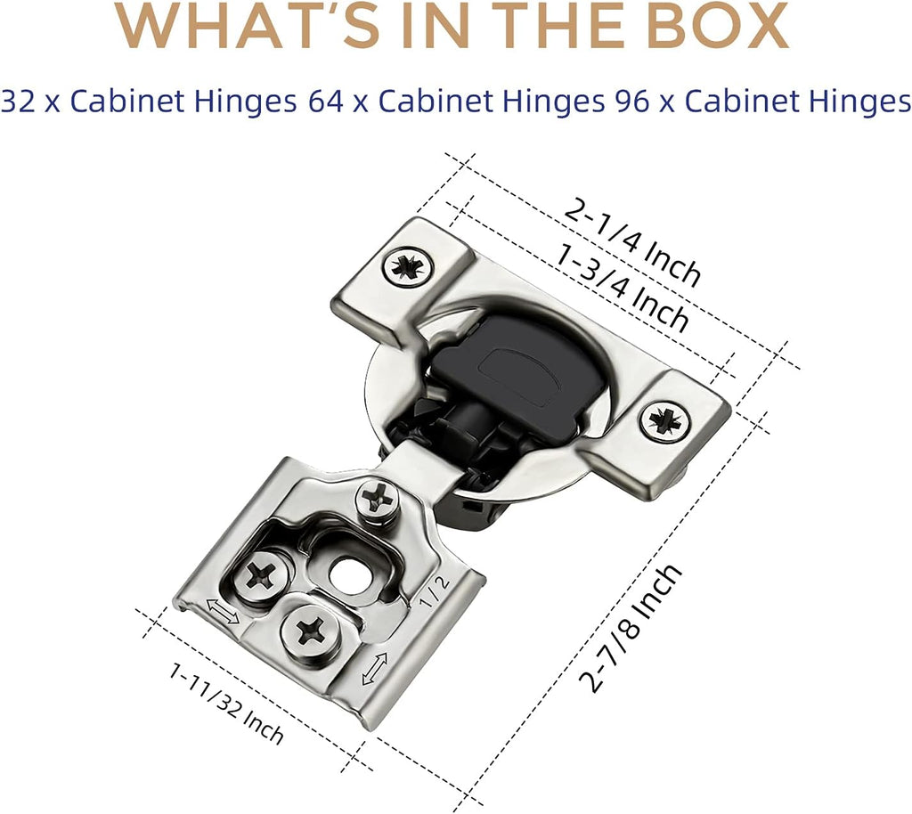 32 Pack 16 Pairs 1/2 inch Overlay Soft Close Hinges Satin Nickel Stainless Steel Concealed Hinge D918666
