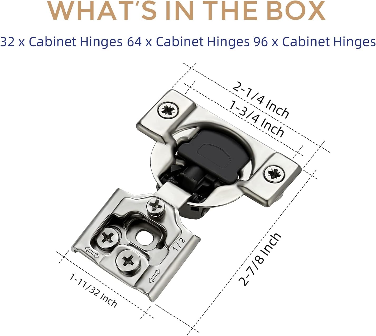 32 Pack 16 Pairs 1/2 inch Overlay Soft Close Hinges Satin Nickel Stainless Steel Concealed Hinge D918666