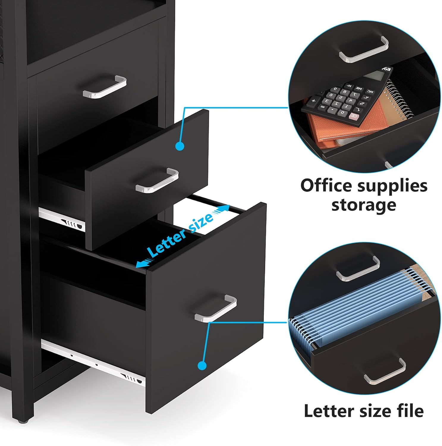 Black 3 Drawer Vertical File Cabinet with Metal Wire Storage Shelves G779015