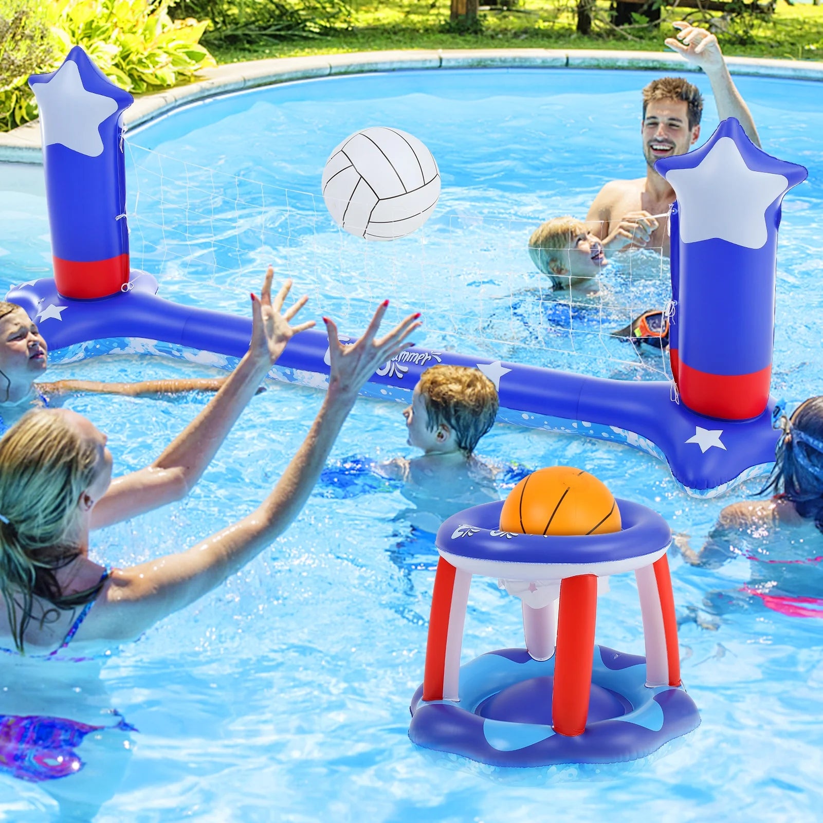 Inflatable Pool Volleyball Game Set with Basketball Hoops V1785
