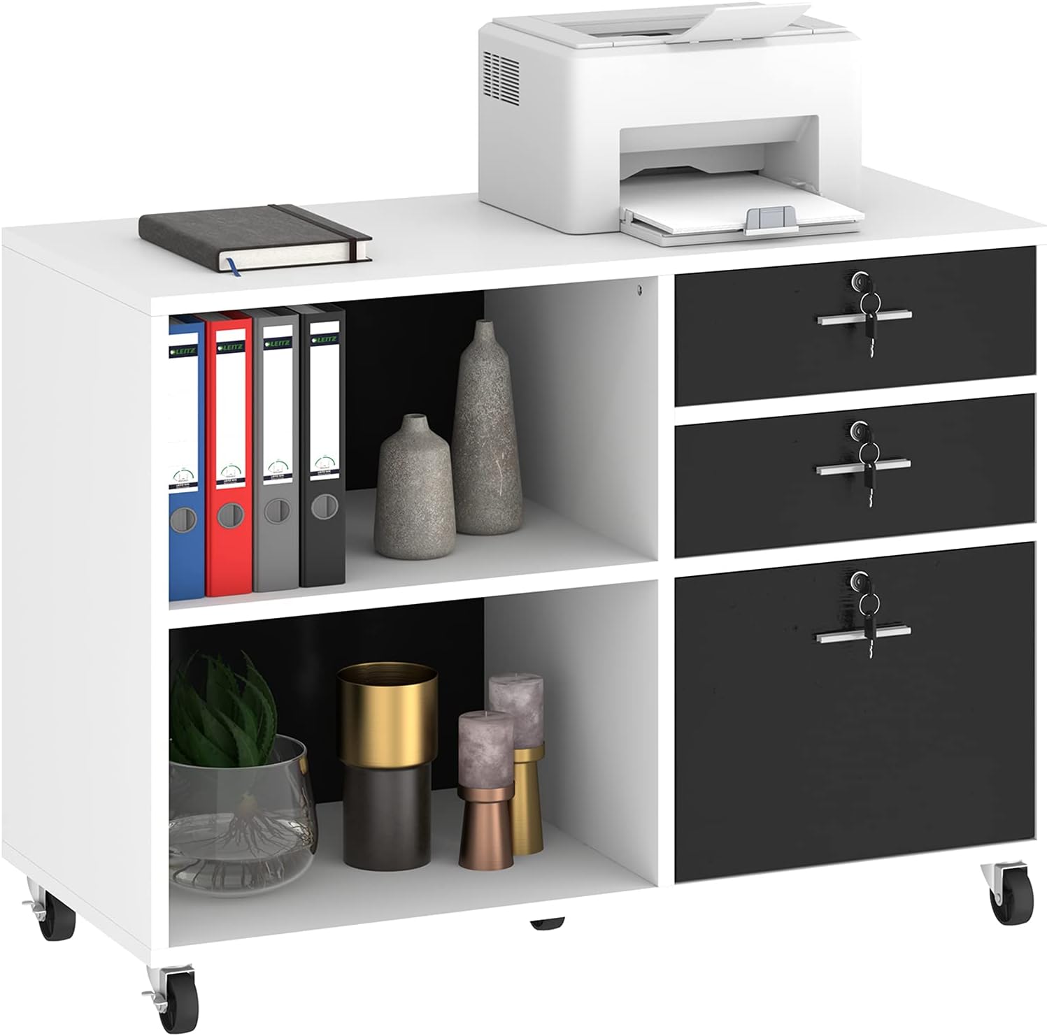 Black 3 Drawer Wood Lateral File Cabinet with 2 Open Shelves I876707