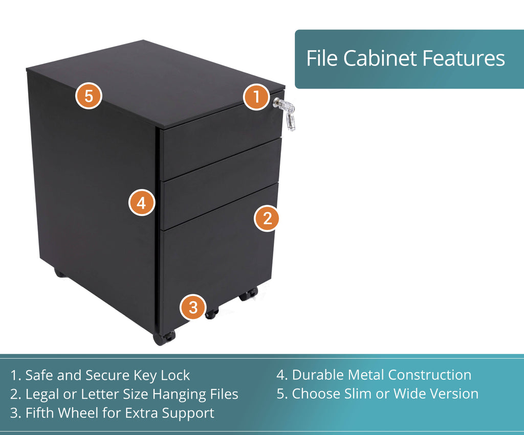 Black Wide 3 Drawer Lockable Rolling File Cabinet K868504