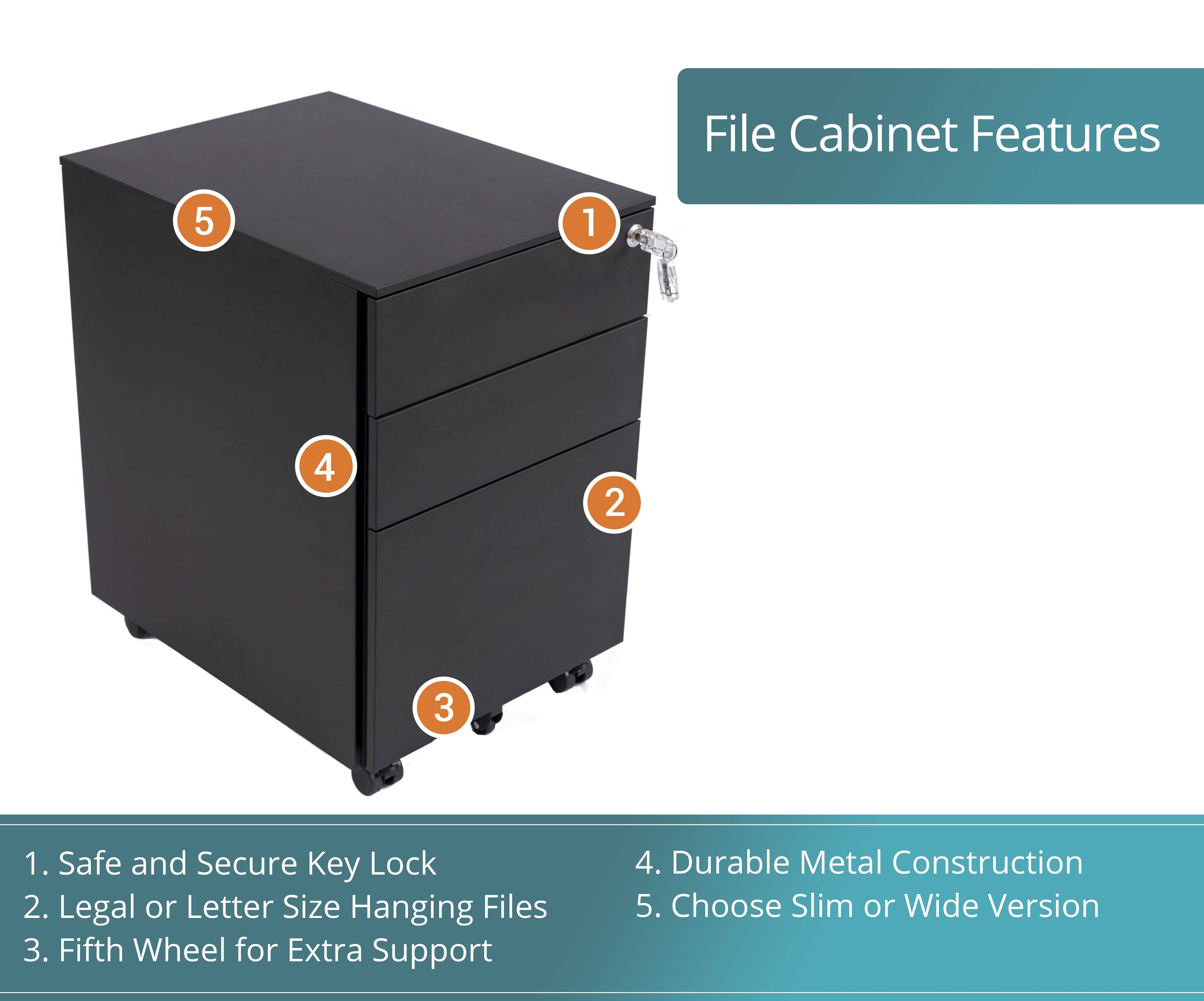 Black Wide 3 Drawer Lockable Rolling File Cabinet K868504